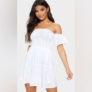 pretty little thing white shirred tiered shift dress A12